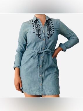 Abercrombie Chambray Embroidered Shirt Dress XL Button Down Tie Waist